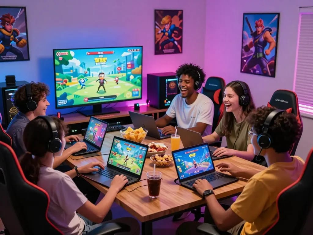 Friends enjoying free porn games in a vibrant gaming room, showcasing camaraderie and excitement.