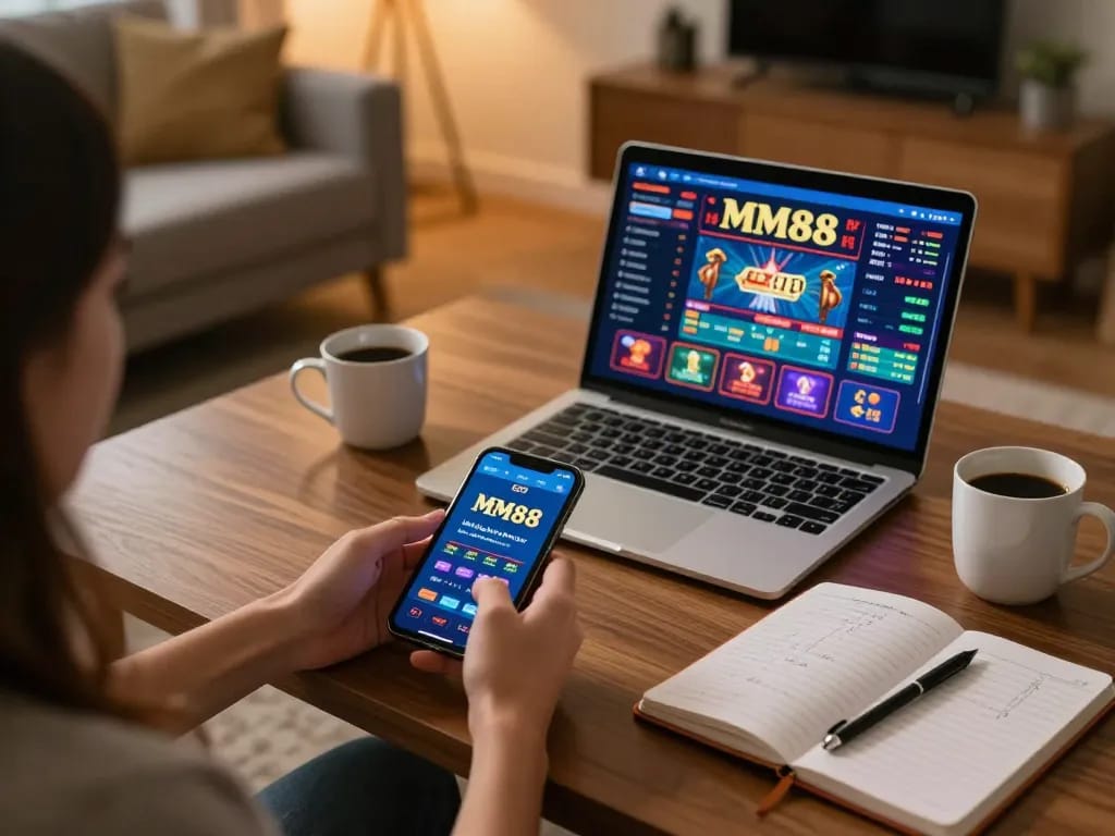 Player using MM88 app on smartphone for exciting online gambling experience.