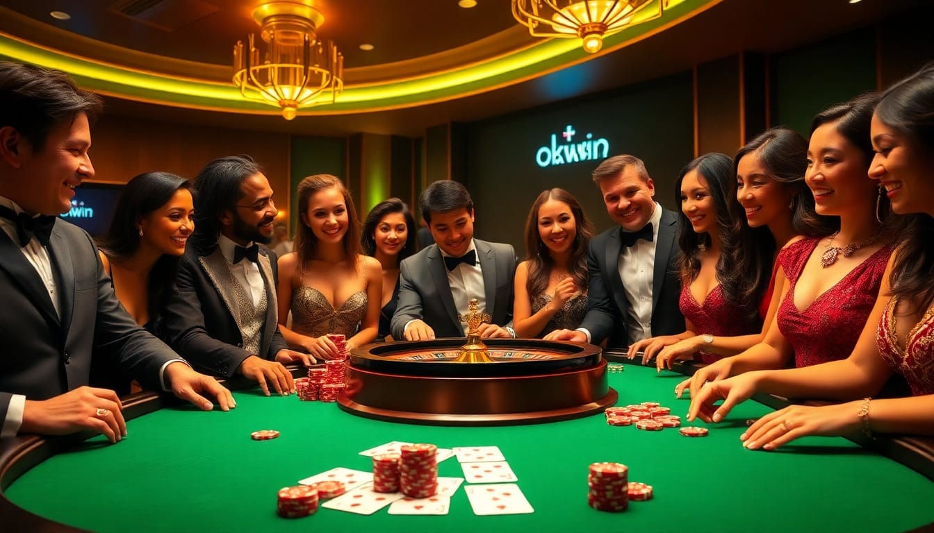 Experience the excitement of casino gaming with okwin, featuring vibrant poker chips and a roulette table.