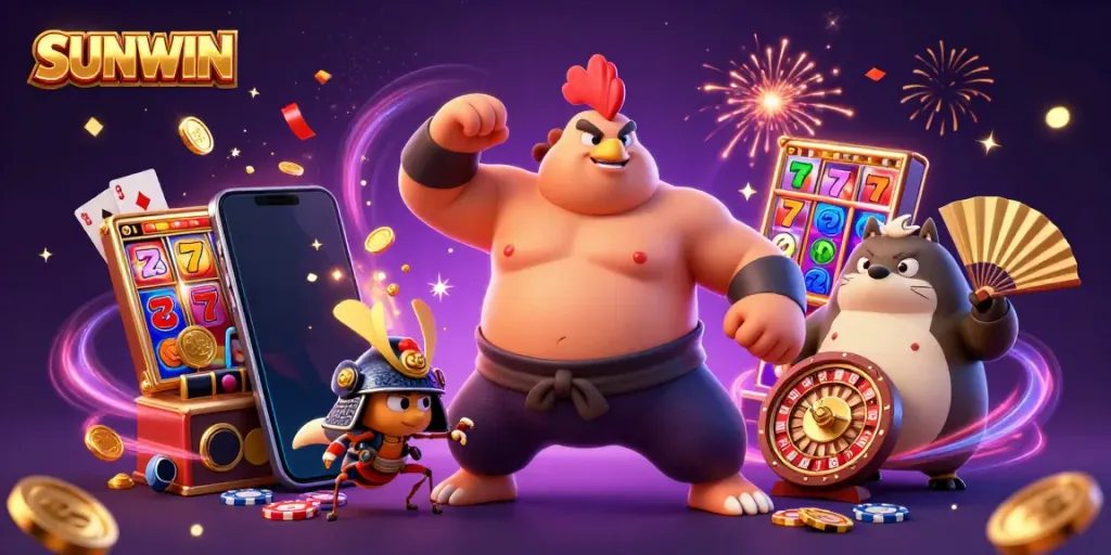 SUNWIN engages players with a vibrant 3D casino scene showcasing festive slot games and animated characters.