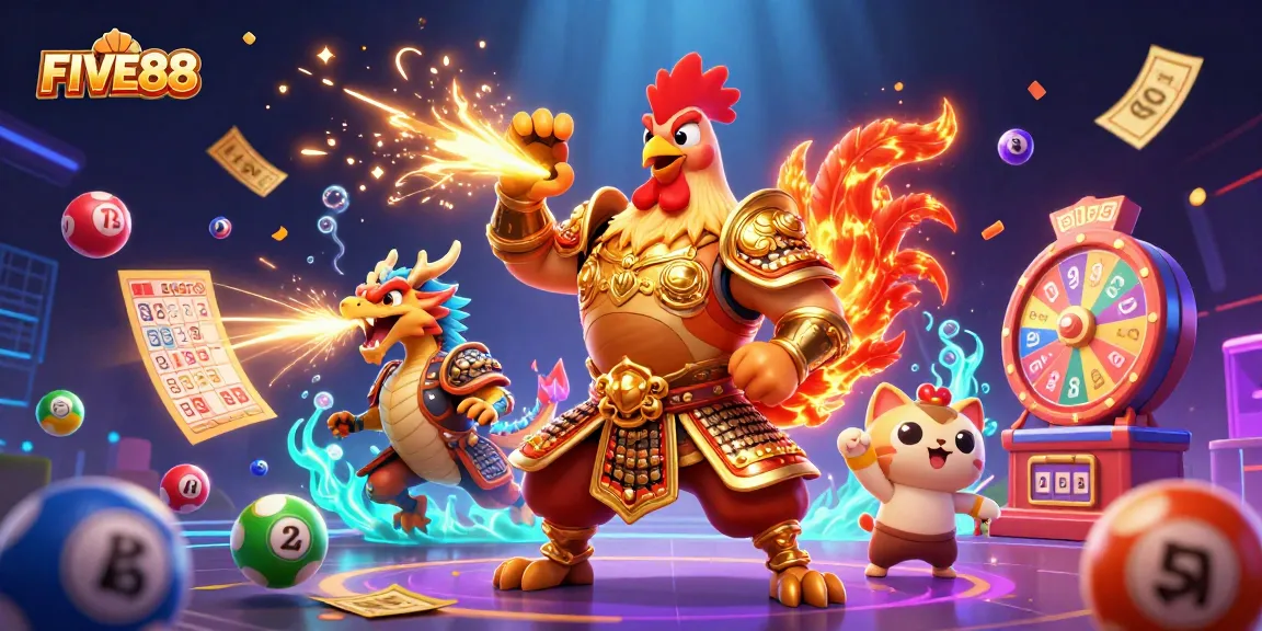 Experience the thrilling action of FIVE88 featuring dynamic gambling elements and vibrant characters.