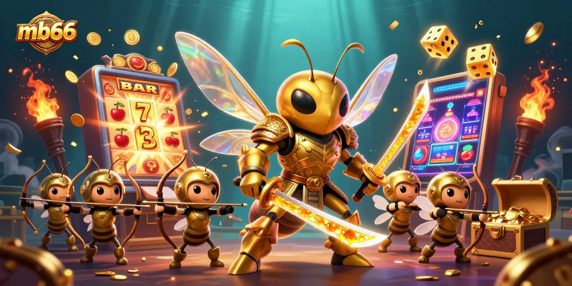 Join the excitement at mb66 with a giant golden hornet samurai and bee archers in a vibrant online casino scene.