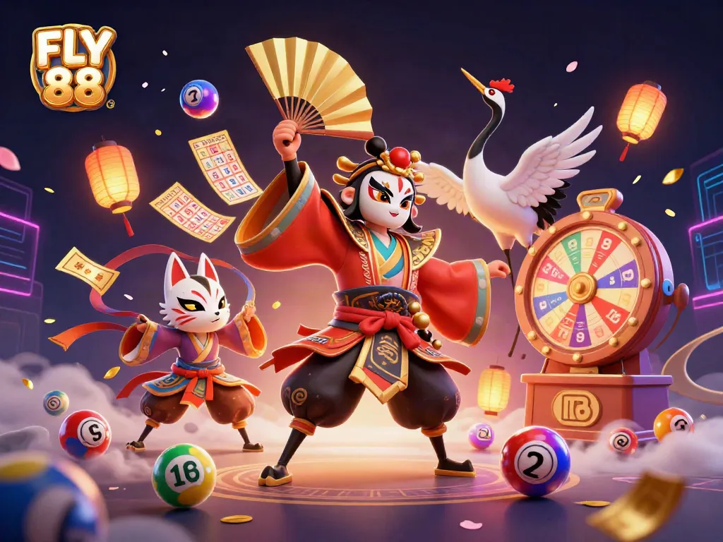 Engage in winning strategies at FLY 88 with thrilling lottery balls, bingo cards, and vibrant prize wheels.