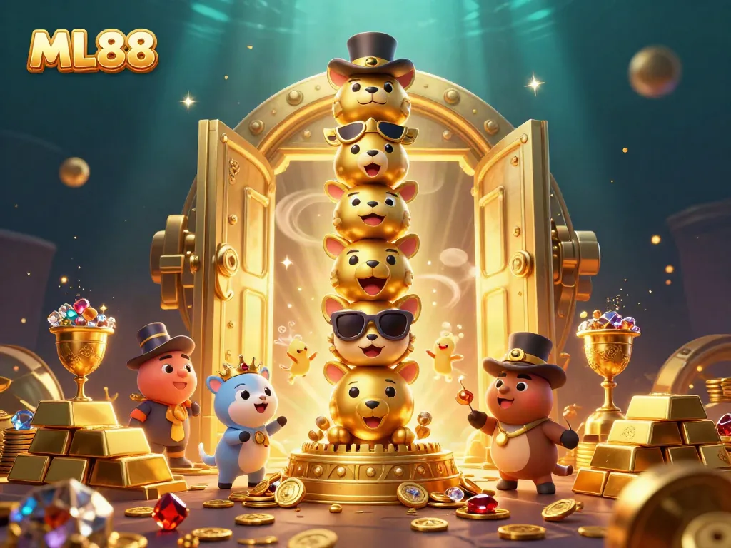 Experience ML88's vibrant casino world with a golden totem pole amidst treasures and gaming elements.