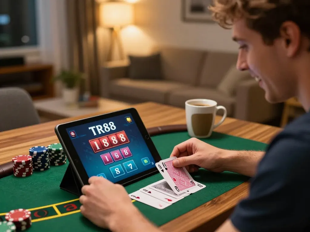Play blackjack at TR88 online casino with a player focused on the live dealer game on their tablet.