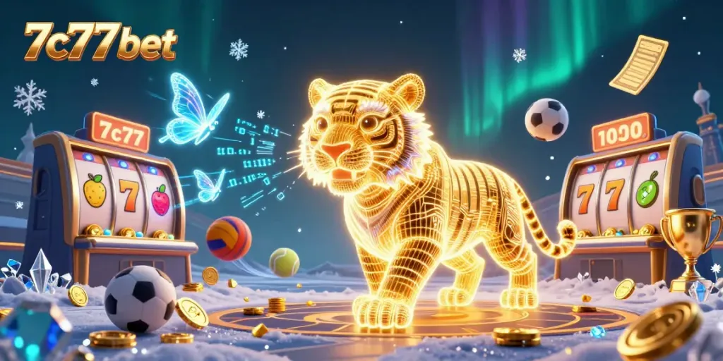 Experience the thrill of 7c77 bet with a dynamic digital casino scene filled with exciting gaming elements.