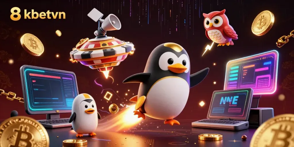 Experience thrilling gaming with 8xbetvn, featuring a dynamic rocket penguin and digital crypto elements
