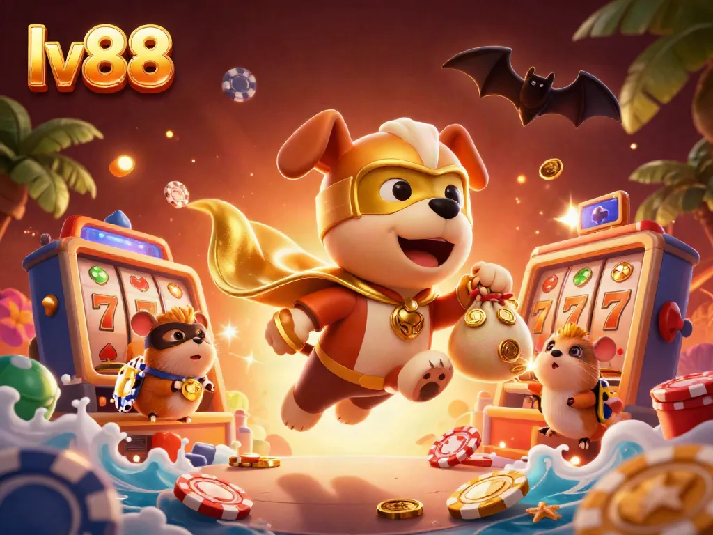 Experience the thrill of luck with lv88 as the superhero dog soars, collecting gold coins in a vibrant casino scene.