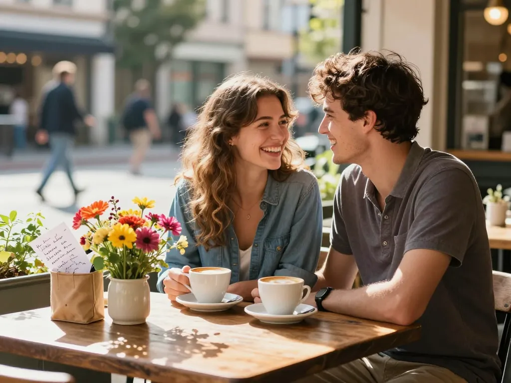 A couple enjoying coffee together, capturing the feeling of having a crush on someone in a charming outdoor café.