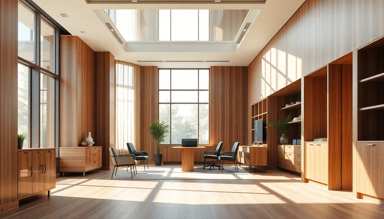 Stunning interior architectural woodwork enhances a modern office environment with elegant designs.