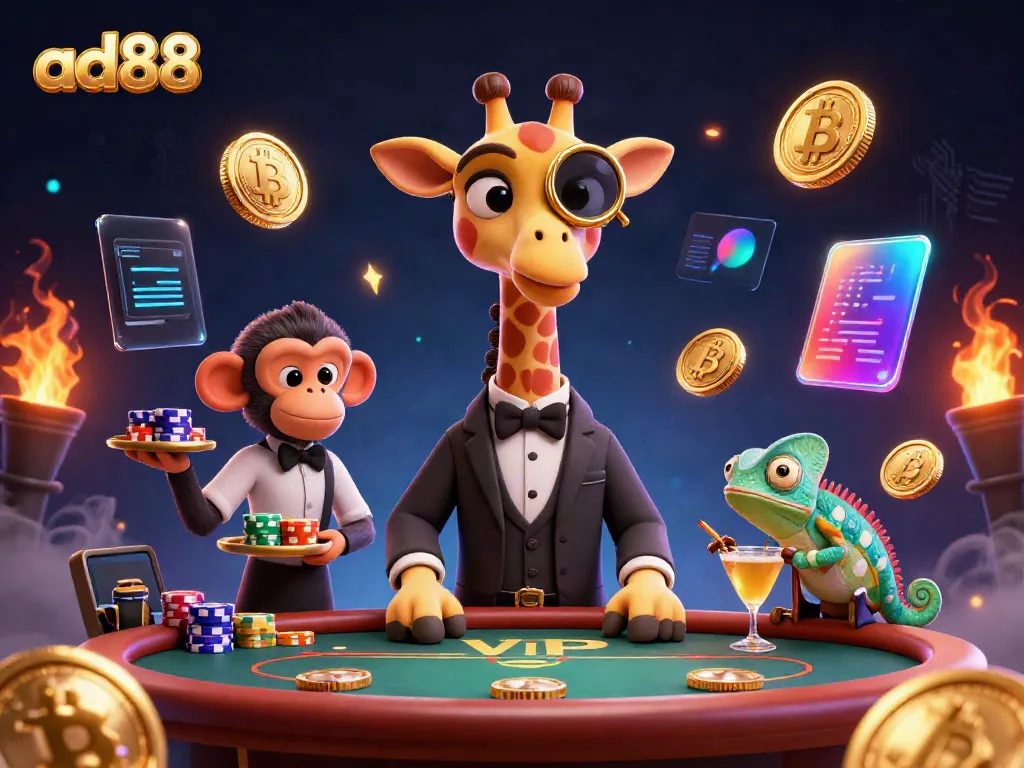 Experience thrilling casino excitement with ad88's high-roller giraffe and playful characters.