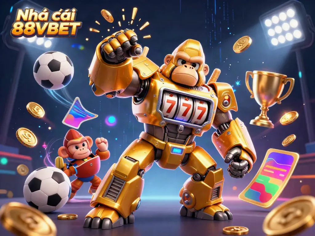 Experience the thrill of Nhà cái 88VBET with a dynamic 3D casino scene featuring a golden gorilla mech.