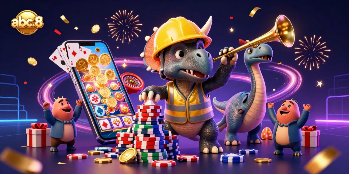 Engage with abc.8’s vibrant 3D illustration of a triceratops building poker chip pyramids amid casino celebrations.