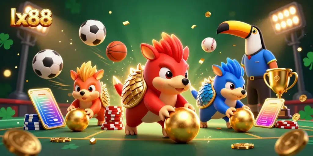 Experience the thrill of lx88 with cartoon pangolins bowling through poker chips, enhancing the online casino experience.