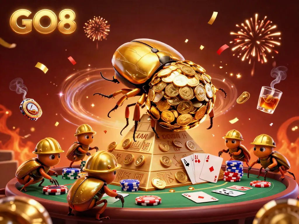 Experience GO8's vibrant gaming world with a golden dung beetle and casino elements in a dynamic scene.