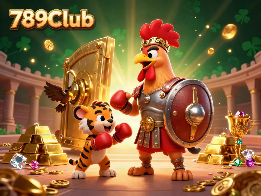 Engage with thrilling games and treasures at 789CLub in this dynamic 3D casino illustration.
