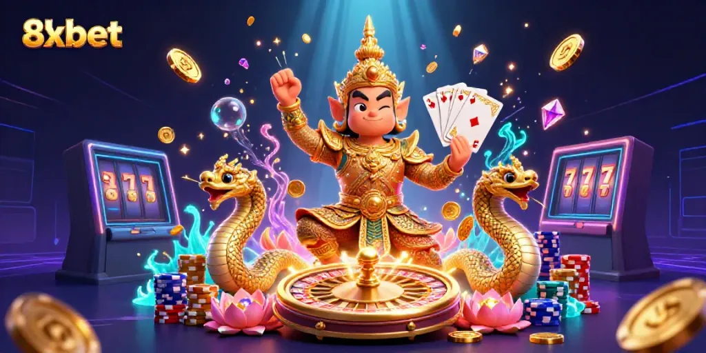 Engage in thrilling gaming at 8xbet with vibrant characters, coins, and casino elements.