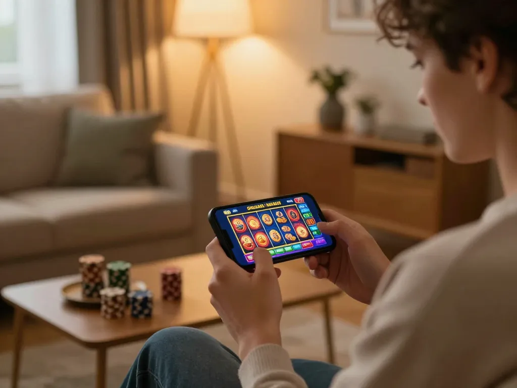Engaging online gaming experience on hz88 showcasing a user on a smartphone amidst cozy home decor.