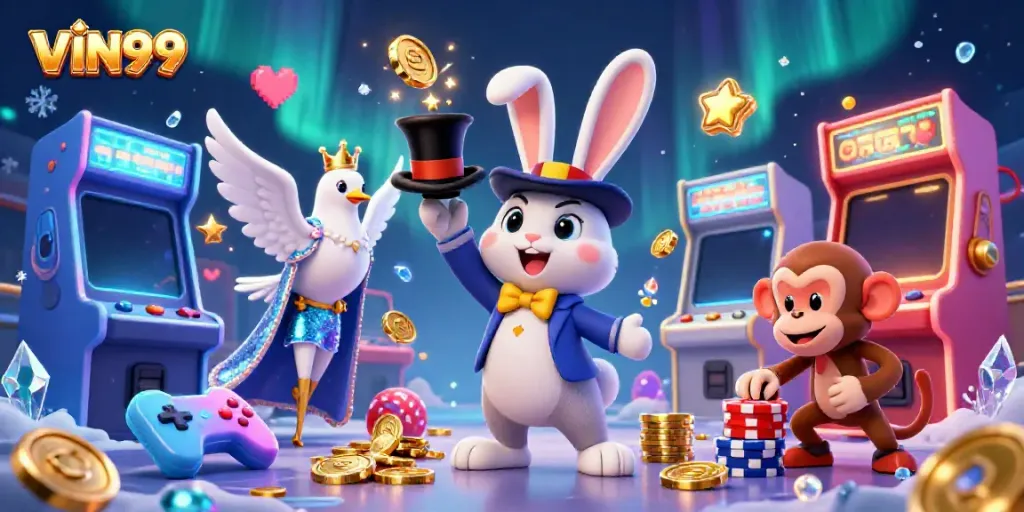 Experience the thrilling allure of VIN99 with vibrant characters and casino elements in this dynamic illustration.
