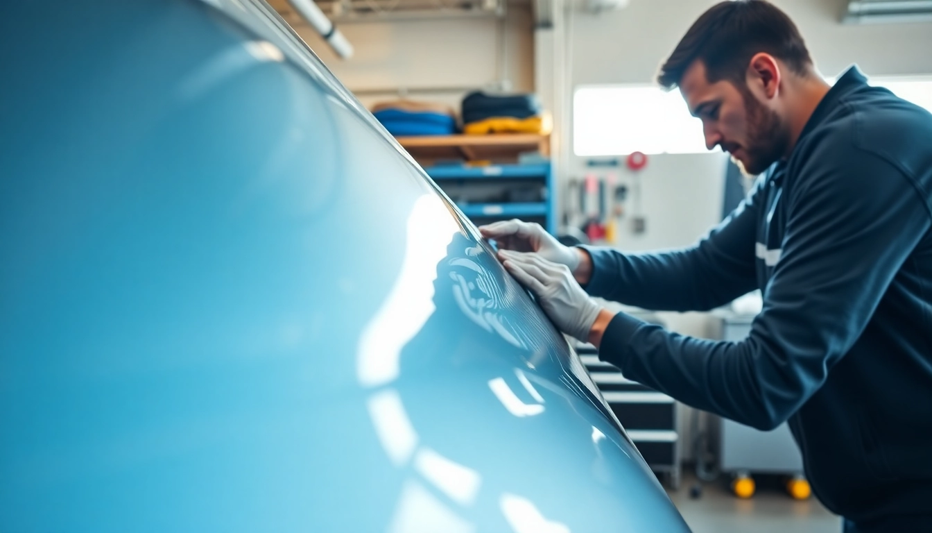 PPF installation Calgary demonstrates a technician applying protective film on a car.
