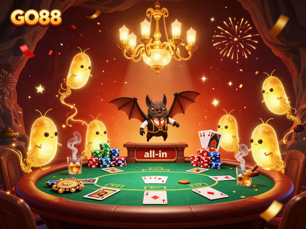 Experience the lively casino ambiance of GO88 with a glowworm team lighting up a poker table.