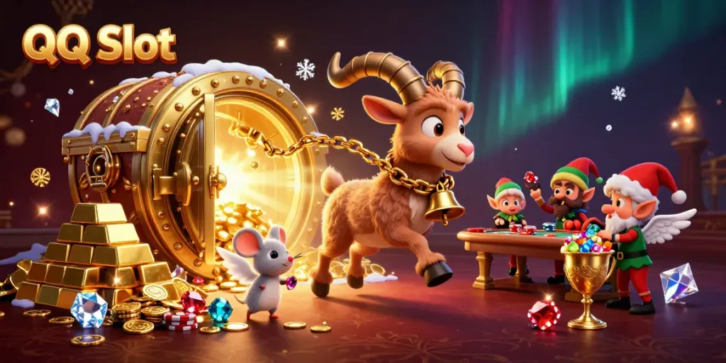 Experience thrilling gameplay with QQ Slot in a festive holiday casino scene filled with treasures and excitement.