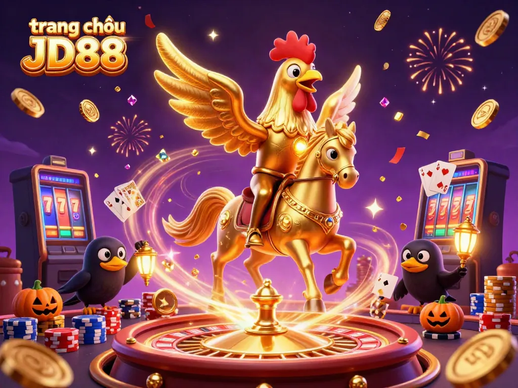 Experience the vibrant world of trang chủ JD88 with a magical golden rooster leading through a casino adventure.