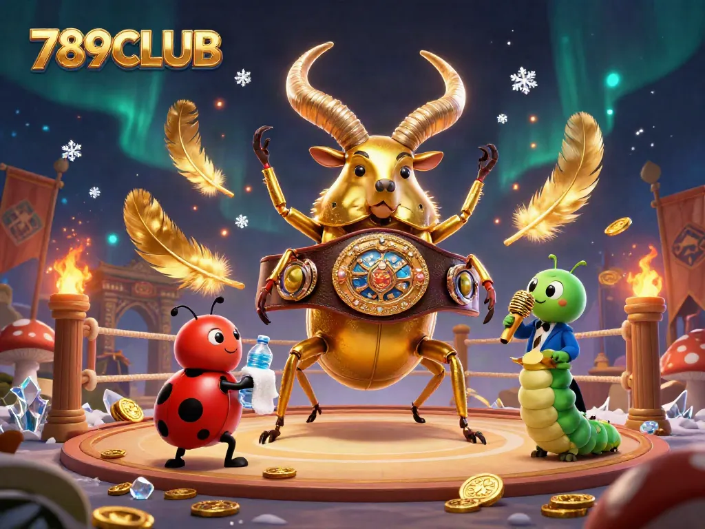 Engaging illustration of 789CLUB giant beetle in a boxing ring showing off coins and betting tokens in a vibrant casino setting.