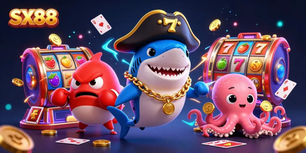 SX88 showcases a lively 3D scene with a pirate shark and friends enjoying slot games in a vibrant casino setting.