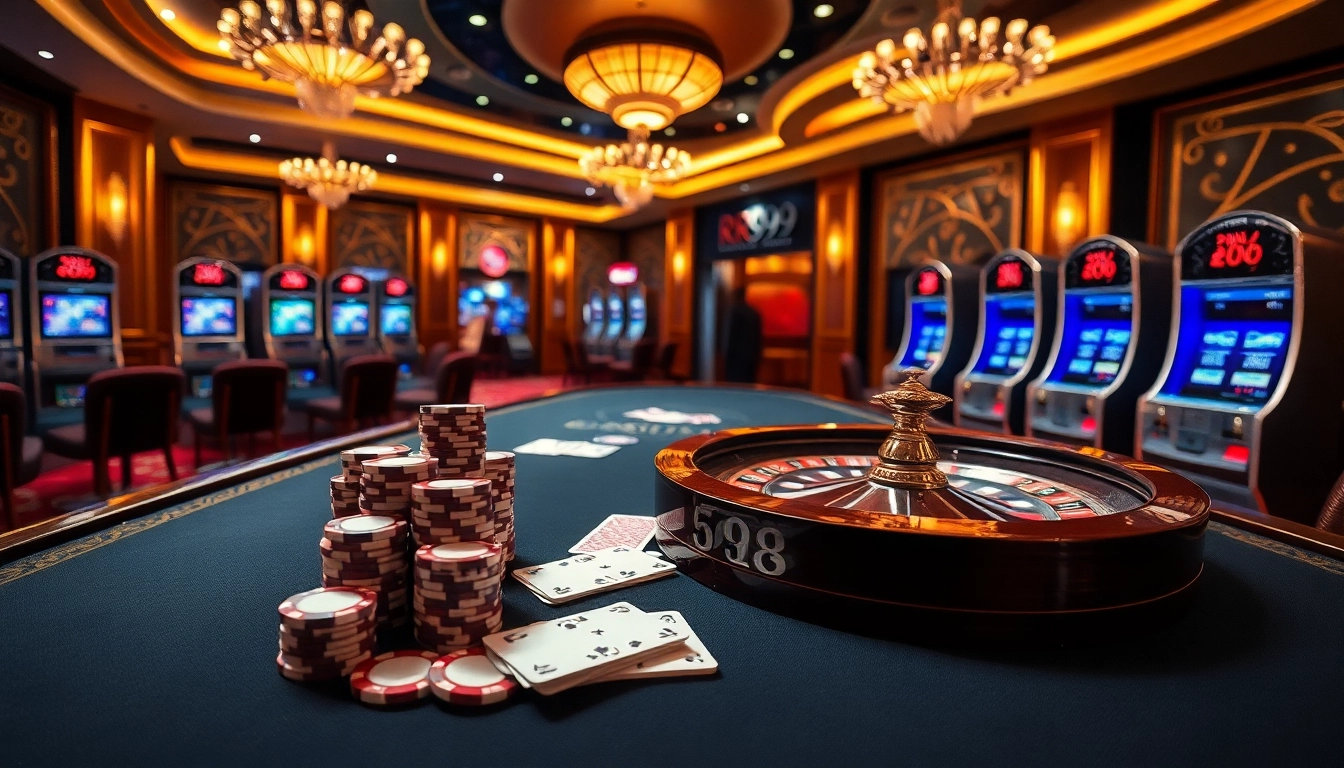 Players engage in high-stakes gaming at RR99, surrounded by a vibrant casino atmosphere.