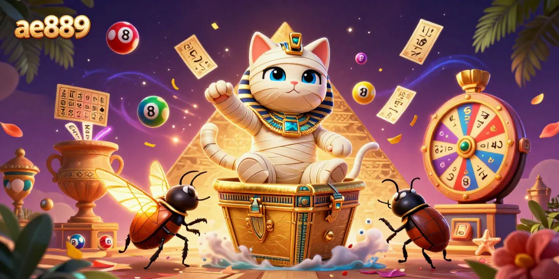 Win big at ae889 with an Egyptian mummy cat and golden tickets exploding in a vibrant casino.