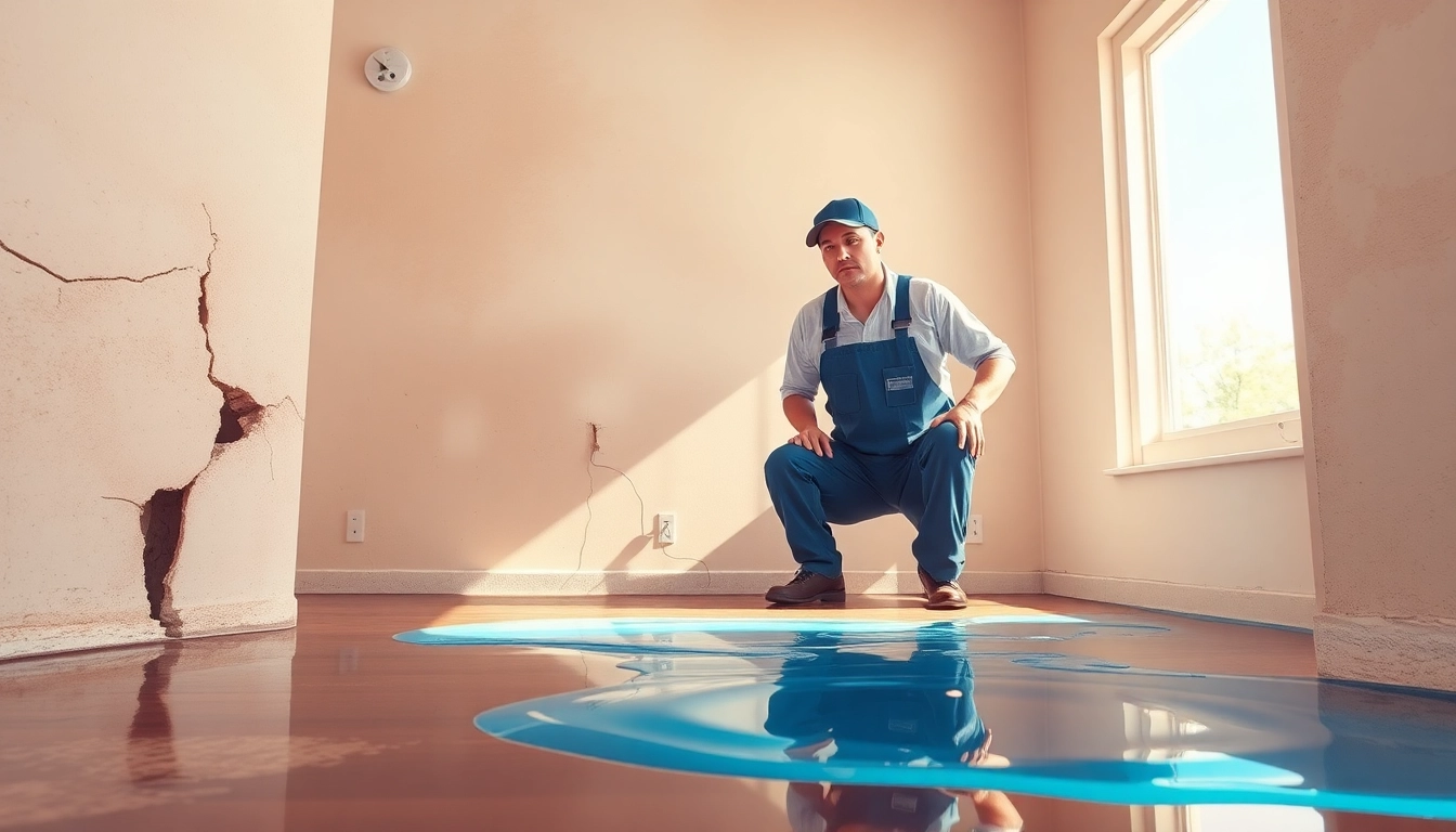 Water leak repair in Toronto with a plumber examining damage and water puddles.
