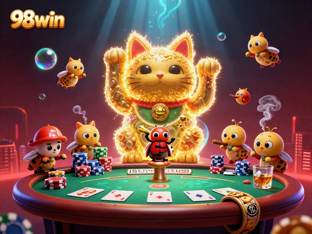 Engage with 98win's vibrant casino scene, showcasing a lucky cat and poker elements.