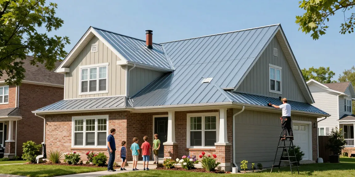 Metal roofing projects in Ontario displayed on a two-storey home with family admiring craftsmanship.