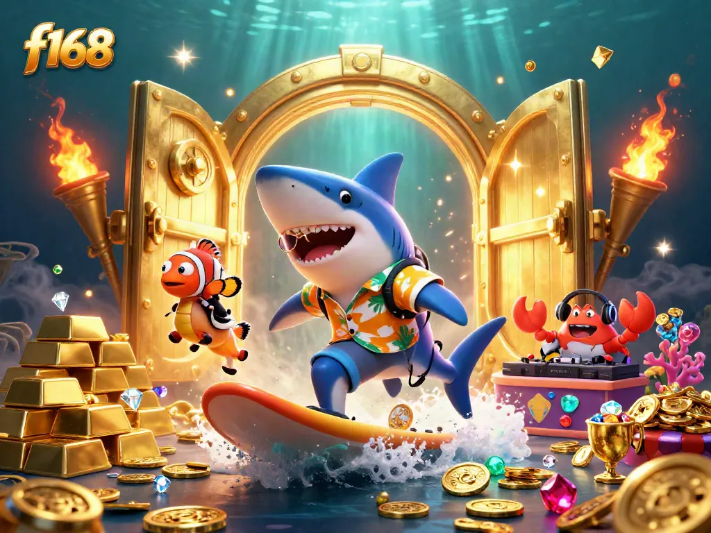 Capture thrilling f168 casino moments with a shark surfing gold coins in vibrant 3D illustration.