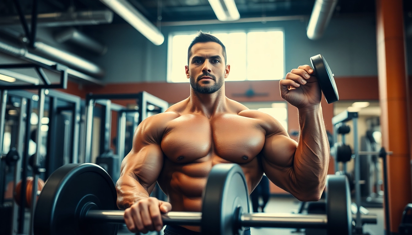 Bodybuilder demonstrating strength training with Canadian anabolics in a modern gym.
