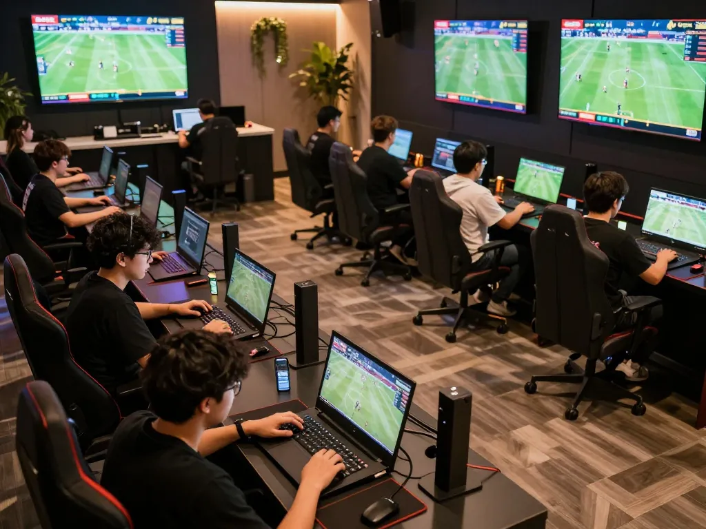 Socolive link encourages fans to bet strategically while watching live soccer matches in a vibrant esports lounge