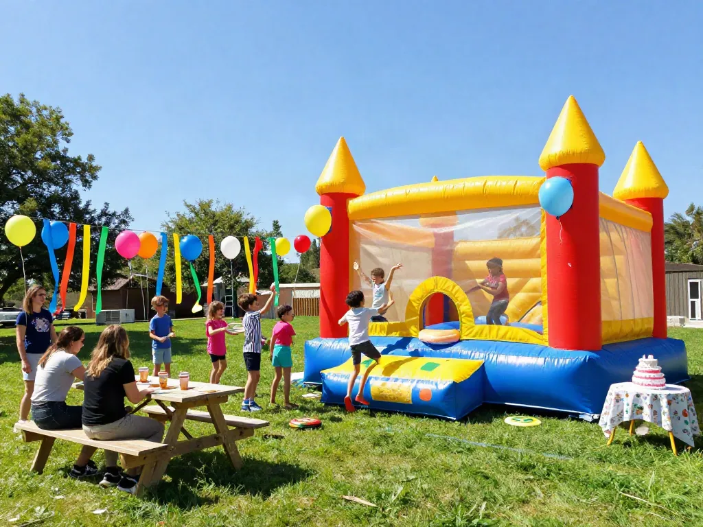 Kids enjoying a bounce castle at a birthday party, colorful atmosphere.