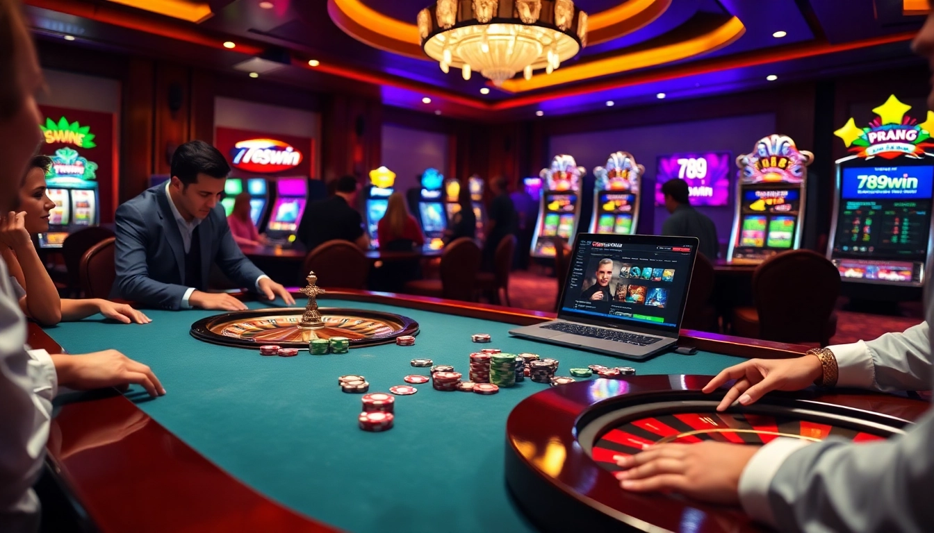 Experience the thrill of 789win with a captivating casino scene featuring gaming tables, roulette, and online betting.
