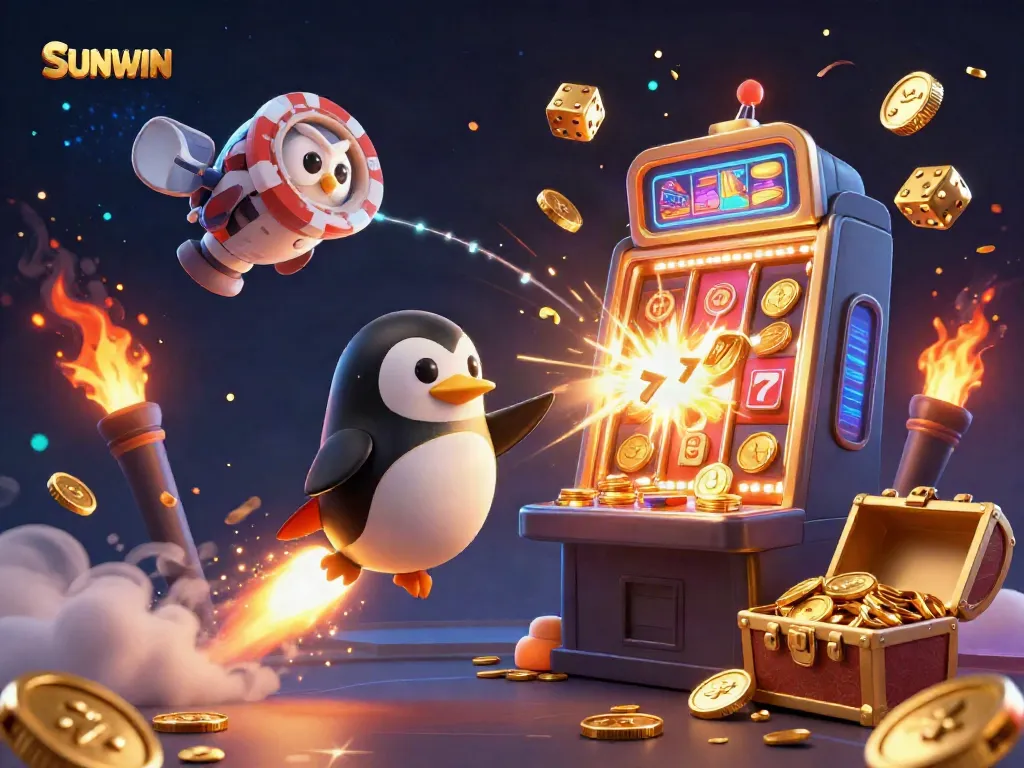Engaging promotional illustration for SUNWIN featuring a golden penguin and casino elements in a dynamic scene.