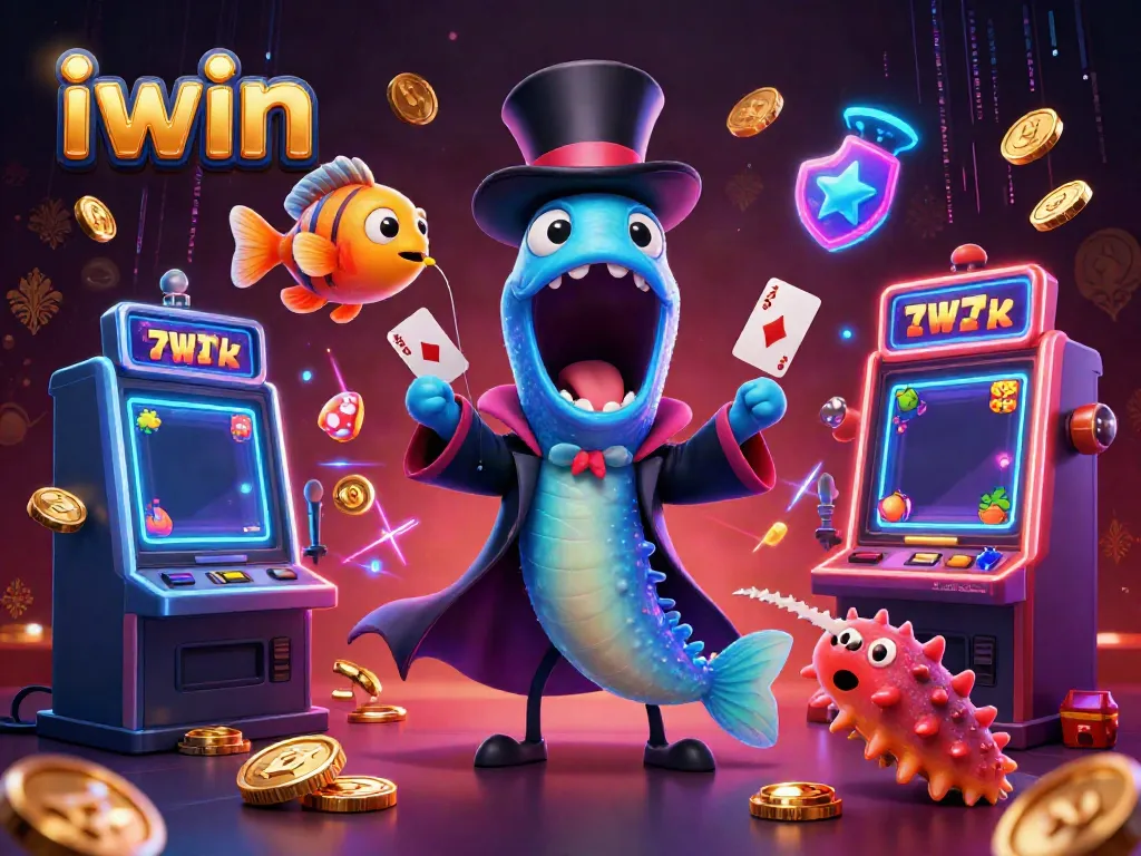 Experience thrilling card tricks with iwin's casino-themed characters in a vibrant scene.