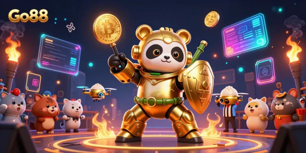 Engage with Go88's vibrant gaming world, featuring a golden panda in a mech-suit amid a lively casino environment.