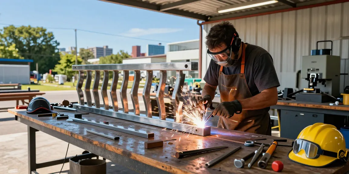 Custom metal fabrication north vancouver workshop with skilled artisan welding steel railing, tools and materials around.