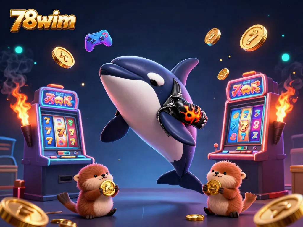 Experience thrilling game moments with 78wim featuring a jumping orca in a casino setting.
