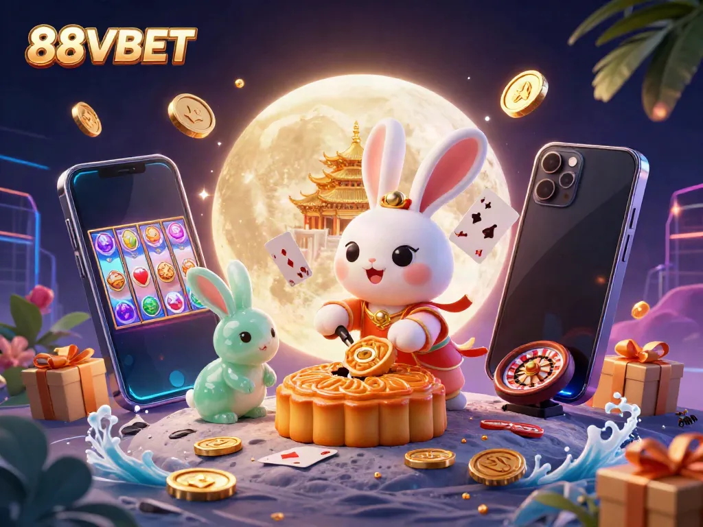 Engage in thrilling gaming with 88VBET's vibrant 3D illustration featuring slots and casino elements.