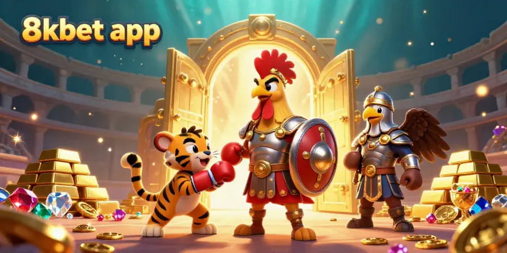Experience the excitement of the 8xbet app with a dynamic gladiator rooster and riches in a lively casino scene.