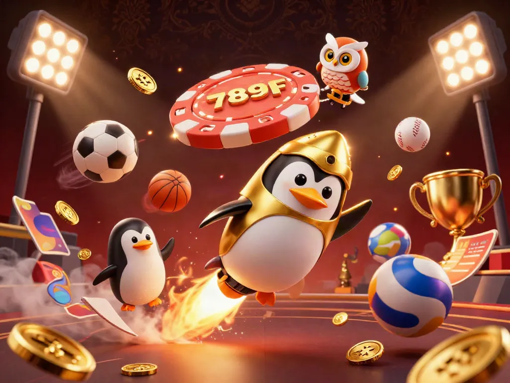 Experience thrilling gaming at 789F with a vibrant illustration of a golden penguin and sports elements.