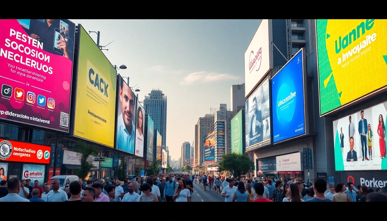 Marketing digital en Guadalajara ilustrado a través de vallas publicitarias vibrantes en una calle concurrida, enfatizando la visibilidad y la marca.