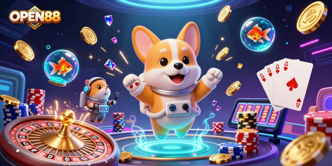Experience exciting gaming at OPEN88 with a vibrant 3D casino scene featuring animated characters and casino elements.