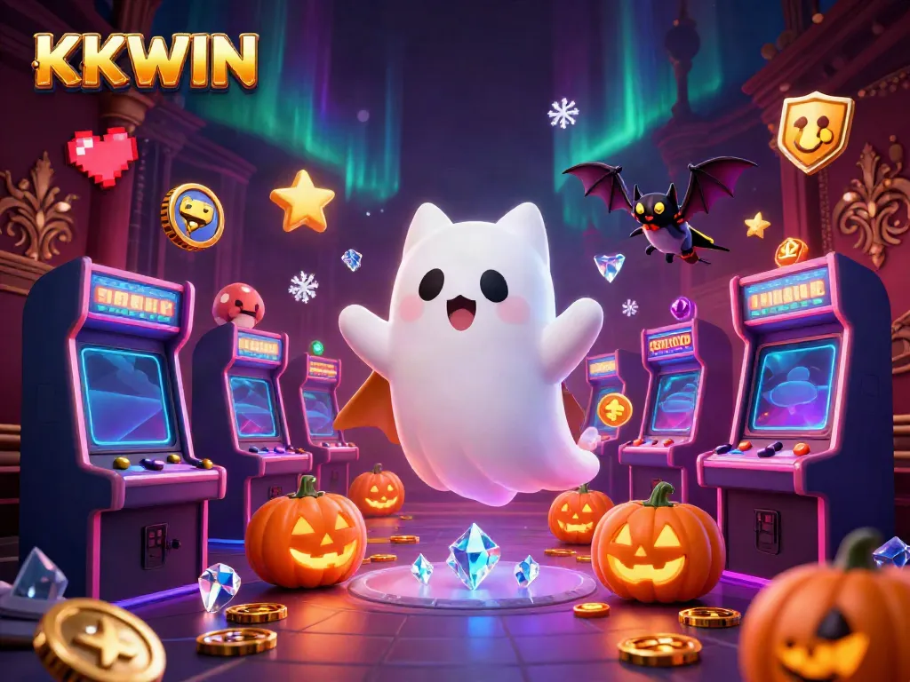 Experience KKWIN's thrilling casino ambiance with a ghost cat, vampire bat, and glowing jack-o-lanterns.